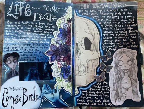 Goth Scrapbook Ideas, Tim Burton Research Page, Corpse Bride Scrapbook, Corpse Bride Journal Page, Horror Journal, Dark Journal Aesthetic, Gcse Art Sketchbook Horror, Coraline Journal Page, Coraline Sketchbook Page