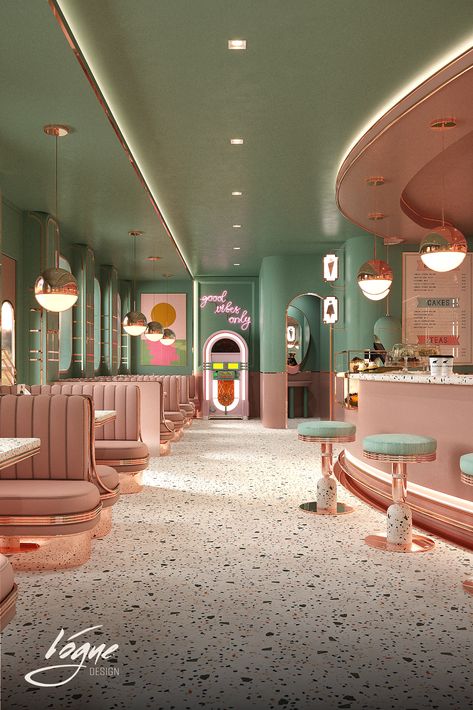 #colorful #interiordesign #interior #cafe #jukebox #Istanbul #jaddah #pink Girly Cafe Interior, Bakery Shop Design Interiors, Cozy Cafe Ideas, Blue Coffee Shop Aesthetic, Blue Cafe Design, Salon Interior Design Pink, Pastel Restaurant, Pink Cafe Interior, French Cafe Interior Design