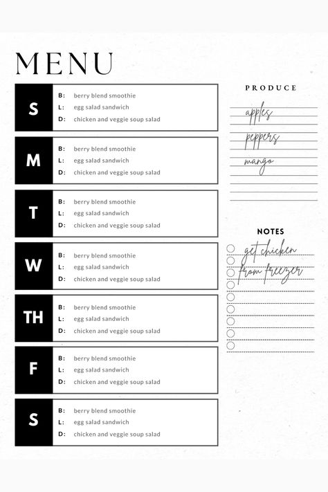 This Meal Planner Tracker is helpful for people who want to keep track of their meal planning or grocery shopping. This is a digital product. You will not receive any physical elements with this purchase. Chicken Veggie Soup, Weekly Menu Plan, Mango Chicken, Weekly Menu Planners, Planning Template, Planner Tracker, Grocery List Printable, Egg Salad Sandwiches, Printable Menu