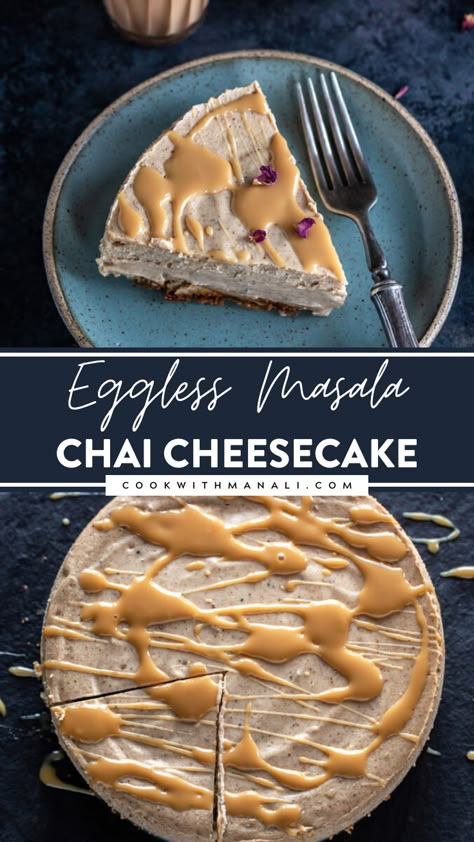 If you love masala chai, then you have to try this Masala Chai Cheesecake. This creamy cheesecake uses real tea to flavor it and it also has warm spices like cardamom, cinnamon, ginger. It's the perfect dessert for the colder weather and for the holidays! Try this Masala Chai Cheesecake recipe yourself! Chai Cheesecake Recipe, Indian Cheesecake, Chai Cheesecake, Pakistani Desserts, Indian Cuisine Recipes, Refined Sugar Free Recipes, Masala Tea, Fusion Recipes, Make Ahead Desserts