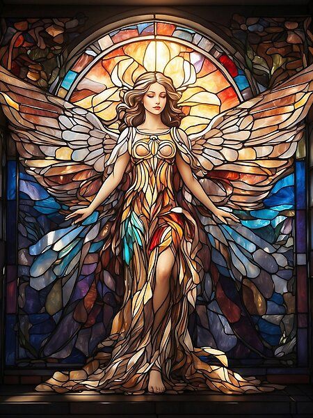 Stained Glass Angel with Wings Stained Glass Altar, Stained Glass Art Christmas, Catholic Church Stained Glass, Stained Glass Window Art, Stained Glass Tattoo, Stain Glass Window Art, Magical Castle, Mosaic Art Diy, Mother Mary Images