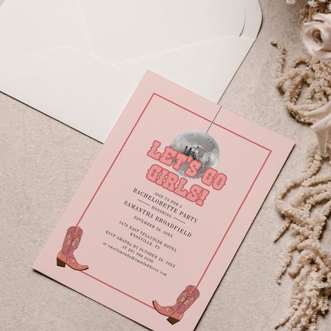 Disco Cowgirl Bachelorette Party Invitation Bachelorette Budget, Disco Cowgirl Bachelorette Party, Disco Cowgirl Bachelorette, Cowgirl Bachelorette Party, 60s Party, Lets Go Girls, Cowgirl Bachelorette Parties, Cowgirl Bachelorette, Bachelorette Party Invitation