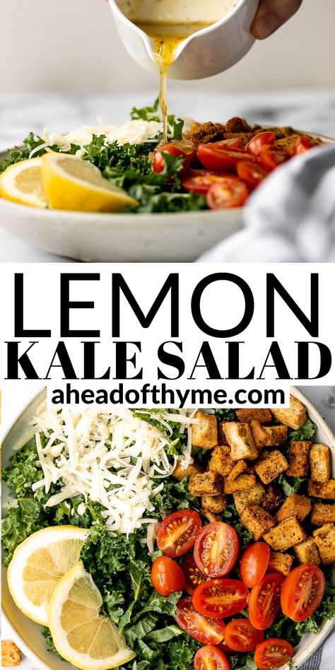 Lemon kale salad is a simple, flavorful, and healthy meal that’s thrown together in just minutes! The star of the show is kale, but cherry tomatoes, cheese, and croutons add more great taste and textures to this delicious salad. And the lemon vinaigrette dressing? Well that is ridiculously easy to make as well, with just a few ingredients that you likely already have in your pantry. #Salad #SaladRecipes #LemonKale Pantry Salad, Bocconcini Salad, Lemon Kale Salad, Lemon Kale, Pine Nuts Salad, Diet Salad Recipes, Lemon Vinaigrette Dressing, Cherry Tomato Salad, Thanksgiving Salad