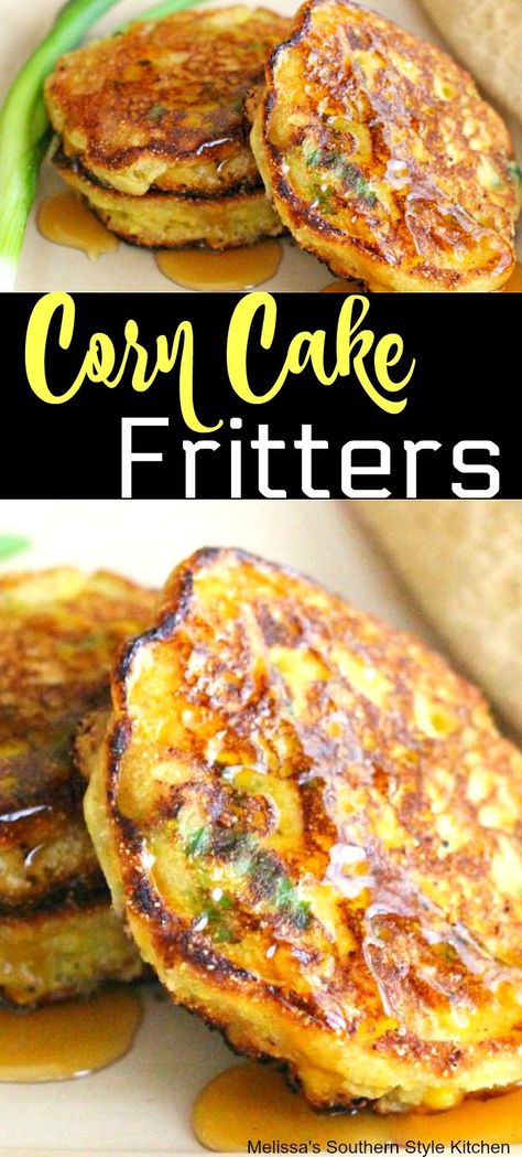 Corn Cake Fritters - melissassouthernstylekitchen.com Corn Cake Fritters, Gluten Free Corn Cakes Recipe, Corn Fritter Pancakes, Corn Recipes Soup, Mexican Corn Cakes Recipe, Cornmeal Breakfast Recipes, Corn Cakes Mexican, Corn Cakes Recipe Jiffy, Creamed Corn Fritters Recipe