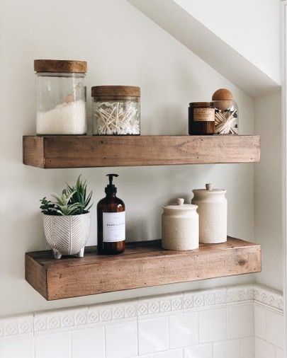 Decor For Bathroom Shelves Wall Shelves, Guest Bathroom Floating Shelves, Floating Shelves Bathroom Above Toilet Wood, Two Shelf Bathroom Decor, Bathroom Open Shelf Decor, Bathroom Shelf Decor Ideas Modern, Above Bath Shelf, Guest Bath Shelf Decor, Modern Bathroom Shelf Decor