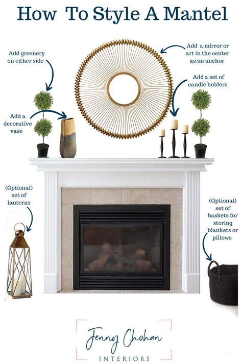 Dining Room Fireplace Mantle Decor, Contemporary Fireplace Decor Ideas, Transitional Mantel Decor, White Fireplace Decor With Tv, Mirror On Mantel Ideas, Simple Fireplace Decor With Tv, Fireplace With Clock Above, Fireplace Mantel Decor With Mirror, Fireplace Mantle Decor With Tv Modern