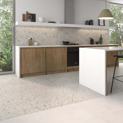 Terrazo Tiles Hexagon, Grey Terrazzo Floor Kitchen, Tiles In The Kitchen, Terrazo Tiles Kitchen, Terrazo Tiles Kitchen Floor, Kitchen Flooring Terrazzo, Terazzo Floor Kitchen Ideas, Terazzo Kitchen Tiles, Terrazzo Kitchen Tiles