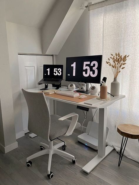 Wfh Monitor Setup, Desk Setup Clean, White Desk Setup Work Spaces, Ergonomic Desk Setup At Home, Work From Home Desk Setup Living Room, Work From Home Set Up Dual Monitor, Clean Desk Setup Aesthetic, Classy Desk Setup, Remote Desk Setup