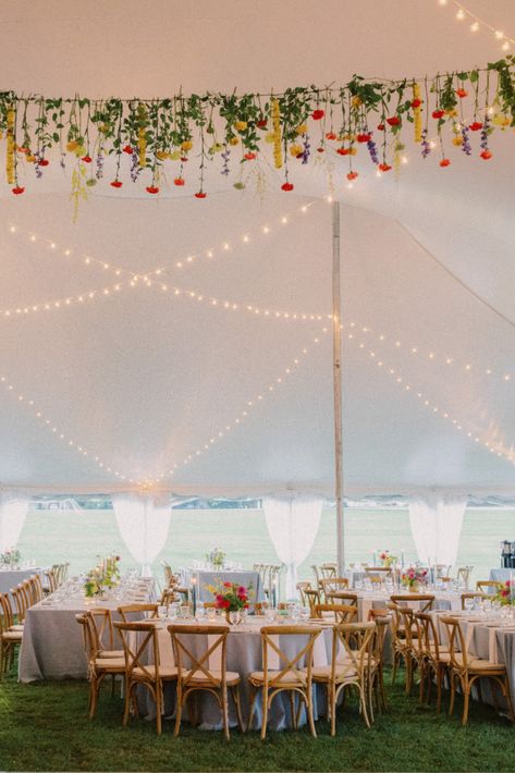 Spring Tent Wedding Receptions, Wildflower Wedding Ceiling, Hanging Florals Wedding Tent, Floral Tent Wedding, White And Colorful Wedding, Wedding Tent Flower Ceiling, Outdoor Colorful Wedding, Summer Marquee Wedding, Spring Garden Wedding Reception