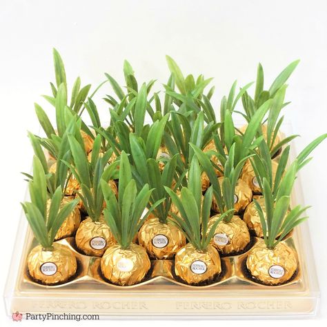 Ferrero Rocher pineapples, cute pineapple candy, pineapple party favor, Hawaiian beach pineapple luau theme party ideas, DIY pineapple candy favor