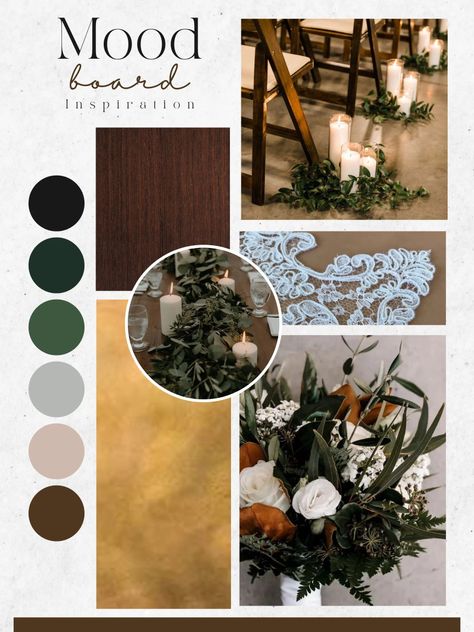 Olive Green Black Gold Wedding, Green Brown Black Wedding, Black White Green Tan Wedding, Romantic Woodsy Wedding, Black White Green Copper Wedding, Green And Brown Mood Board, Dark Green And Copper Wedding, Forest Green And Brown Wedding, Dark Green And Brown Wedding