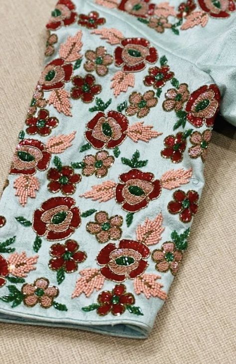 Flower Design Maggam Work Blouse, Rose Embroidery Blouse Designs, Rose Flower Maggam Work Designs, Rose Maggam Work Designs, Rose Flower Maggam Work Blouse Designs, Diwali Floral Embroidery Blouse Piece In Tissue Silk, Magam Work, Cutdana Work, Maggam Work Designs