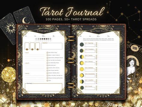 Printable Tarot Journal, Tarot Spread Pages, Tarot Planner, Tarot Diary, Tarot Notebook, 100 Printable PDF pages - Printable Tarot Workbook WHAT YOU GET: - 50+ tarot spreads (Love & Relationship, Health, Spiritual, Carer, Money, Basic, Dream, Astrology, Moon Spreads...) - Personal spread pages - Spread Design Page - Tarot Calendar / Planner - Printable Stickers (2 sizes) - Daily Reading - Card Meanings - Tarot Workbook - Notes - Cover Page HOW TO USE: Open pages in your pdf reader, print them, a Tarot Bullet Journal, Tarot Notebook, Tarot Workbook, Tarot Planner, Pages Tarot, Astrology Moon, Notes Cover, Diary Template, Tarot Journal