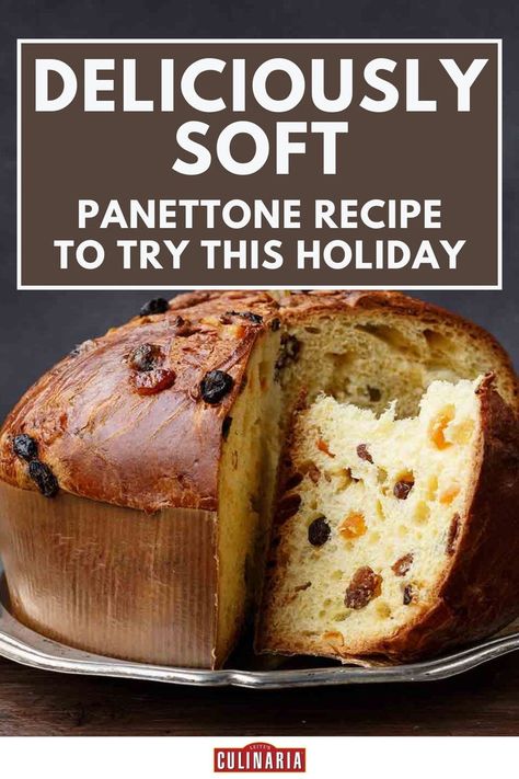 A golden dome-shaped panettone bread filled with dried fruits, with one side sliced open to reveal its fluffy interior. Panetone Recipe Italian Christmas, Italian Sweet Bread Recipes, Panatone Bread Recipe, Panatone Bread Italian Christmas, Panetone Recipe, Panettone Recipe Italian, Panforte Recipe, Panatone Bread, Panettone Packaging