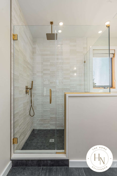 Master Shower Half Glass Wall, Half Wall Bathroom Shower Layout, Walk In Shower Pony Wall Ideas, Tiled Shower With Half Wall, Tile Shower With Glass Wall, Pony Wall Ideas Bathroom, Shower With A Pony Wall, Pony Walls In Bathrooms, Ledge In Shower Wall