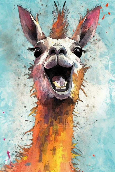 there is a painting of a llama with a very big smile. generative ai. Cute Llama Drawing, Lama Painting, Funny Llama Pictures, Llama Watercolor, Llama Drawing, Llama Pictures, Llama Clipart, Watercolor Lesson, Llama Painting