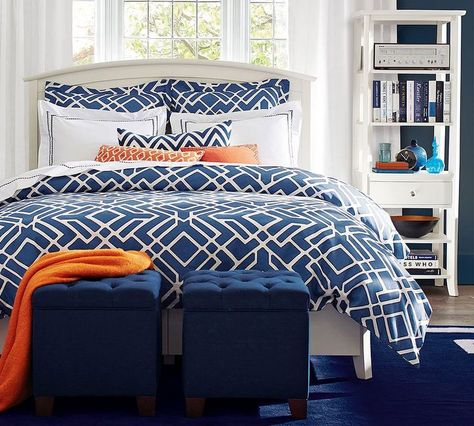 Shelby Geo Duvet Cover & Sham Navy Blue And Orange Bedroom, Blue And Orange Bedroom, Bedroom Coastal, Orange Bedroom, Bedroom Colour Palette, Coastal Bedding, Bedroom Orange, Coastal Contemporary, Coastal Interiors