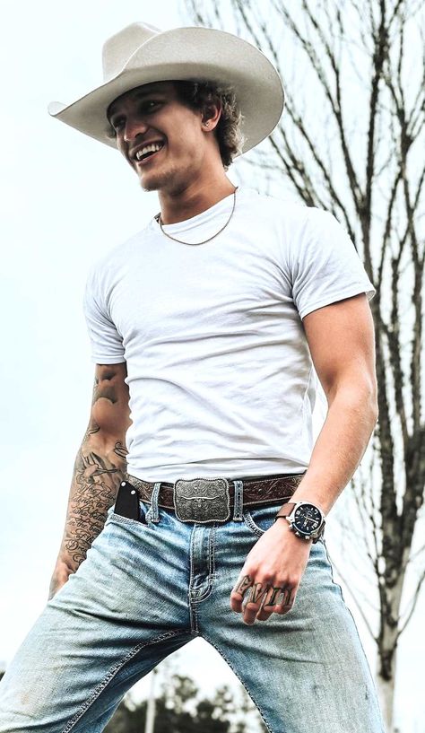 Tattooed Cowboy Men, Mens Outfits Southern, Texas Man Outfit, Rodeo Men Outfit, Men’s Stagecoach Outfits, Stagecoach Men Outfit, Country Festival Outfit Men, Male Western Outfit, Hot Cowboy Outfit