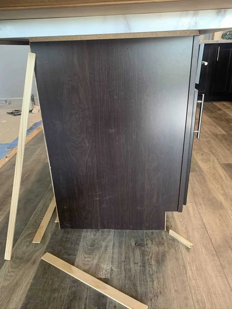 Kitchen Island Front Panel, Kitchen Cabinet Panels Ideas, Kitchen Island End Panel Ideas, Diy Kitchen Island Trim, End Panels On Kitchen Cabinets, Island Backing Ideas, Kitchen Island Covering Ideas, Island Side Panel Ideas, Adding Trim To Kitchen Island