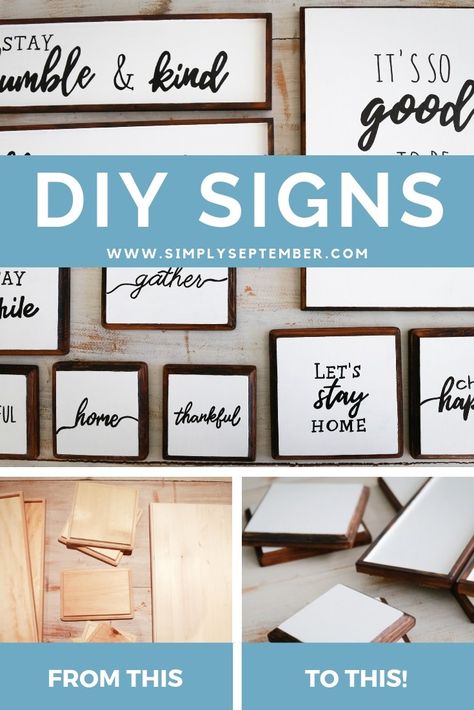 How to DIY Your Dream Farmhouse Wood Signs - Simply September Diy Home Signs Farmhouse Style, Diy Wood Signs Ideas Words Wall Decor, Diy Farmhouse Sign Ideas, Small Sign Ideas, Cricut Stencils Diy Wood Signs, Farmhouse Kitchen Signs Diy, Diy Wood Signs Ideas, Home Signs Diy, Diy Signs For The Home