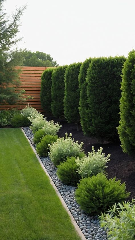 Elevate Your Yard: 15 Easy and Beautiful Fence Line Landscaping Ideas - Inspire Inlet Backyard Pony Wall Ideas, Big Back Yard Landscaping, Garden Back Wall Ideas, Pool Fence Landscaping Backyard Ideas, Modern Front Flower Bed, Modern Minimalist Landscape Front Yards, Front Yard Landscaping Privacy Ideas, Garden Design Minimalist, Modernize Front Of House