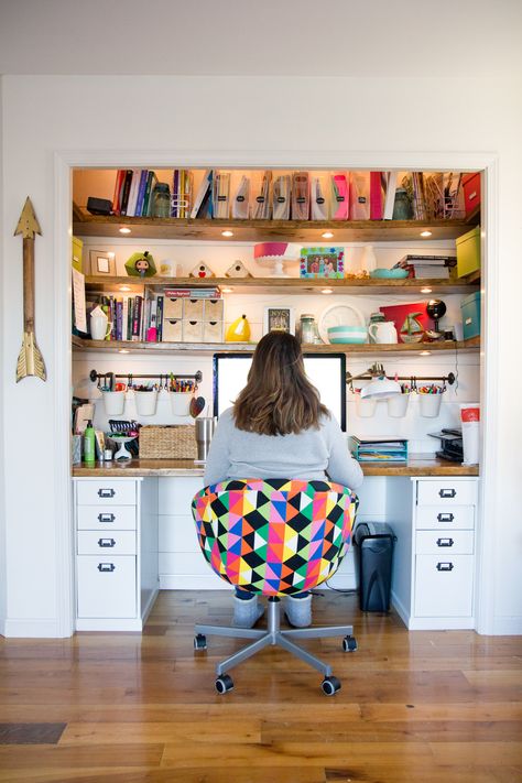 shelves inside closet Workroom Ideas Small Spaces, Closet School Room, Homeschool Closet Desk, Shelves Around Desk, Ikea Desk In Closet, Craft Closet Desk, Closet Art Space, Sewing Desk In Closet, Dining Multipurpose Room