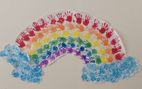 Rainbow handprints Rainbow Hands Art, Hand Print Rainbow, Rainbow Handprint Art, Handprint Activities, Handprint Rainbow, Rainbow Handprint, Baby Art Crafts, Fair Theme, Hand Art Kids