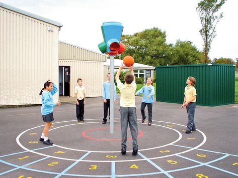 ESP design, manufacture and install a wide range of school sports equipment including MUGA’s, sports courts, sporting playground markings, Multi-skills and CPD support. Sports equipment for traditional sports such such as basketball, netball, football etc are also available. School Playground Design, Elementary School Playground, School Playground Equipment, House Gym, Gym At Home, Sport Park, School Playground, Sport Court, Playground Design