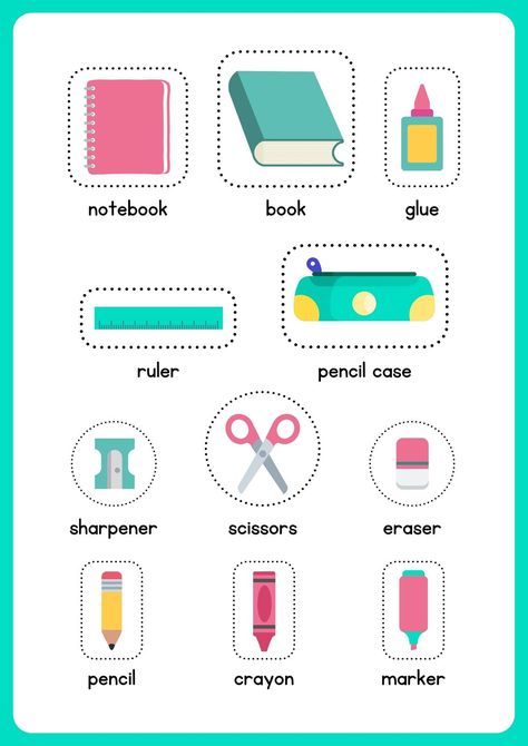 My School Bag - School Supplies (Classroom Objects) Cut and Paste Worksheet - Templates by Canva School Objects, Classroom Objects, Preschool Charts, School Suplies, English Learning Books, English Teaching Materials, English Activities For Kids, Fun Classroom Activities, Learning English For Kids