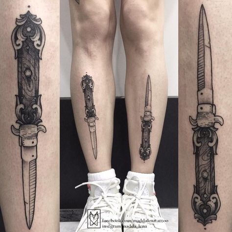 Womens Blackwork Tattoo, Knives Tattoo Ideas, Flick Knife Tattoo, Knife Leg Tattoo, Dark Goth Tattoos, Coltello Tattoo, Girly Goth Tattoo, Old School Knife Tattoo, Goth Tattoos For Women