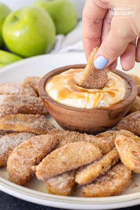 These Apple Fries with Caramel Cream Dip are the perfect warm dessert for a crisp Autumn evening. It made our house smell like apple pie. #applefries #carameldip #fallsnack #falltreat #appledessert #carameldessert #applerecipe #caramelrecipe