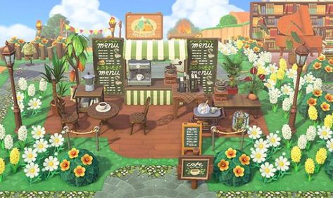 ACNH Cafe Design Ideas & Codes - Animal Crossing New Horizons Coffee Shop Stall, Menu, Floor & Sign Designs Acnh Cafe, Cafe Design Ideas, Animal Crossing Coffee, Cottage Core Animal Crossing, Animal Crossing Cafe, Cottagecore Animal Crossing, Acnh Cottagecore, Menue Design, Animal Crossing 3ds