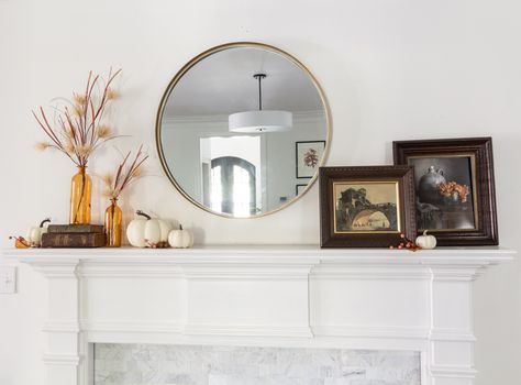 Mantle Decor Mirror, Mirror Mantle Decor, Decor Above Couch Living Room, Mantle With Mirror, Over The Sofa Wall Decor Ideas, Style A Mantle, Large Wall Behind Couch Decor, Simple Fall Mantle, Behind Couch Decor