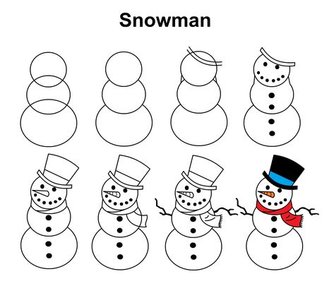 Step-by-step to draw a snowman Snowman Drawing Ideas, Snowman Doodle, Snowman Drawing For Kids, How To Draw A Snowman, Cute Snowman Drawing Easy, Christmas Doodles Step By Step, Simple Snowman Drawing, How To Draw A Snowman Step By Step, Snowman Sketch