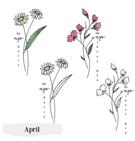 Birth Flower April Tattoo, Daisy And Sweet Pea Bouquet Tattoo, Hanging Flower Tattoo, Sweet Pea Bouquet Tattoo, April Birthstone Tattoo, Birth Flower Tattoos April, April Birth Tattoo Ideas, April Flowers Tattoo, Sweatpea Tattoos