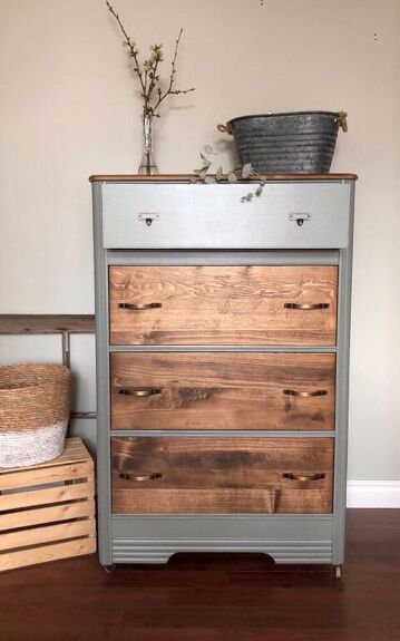 Tall Dresser Makeover, Caulk Paint, Waterfall Dresser, Accent Wall Stencil, Leather Drawer Pulls, Coffee Table Makeover, Mudroom Lockers, Garage Sale Finds, Painted Desk