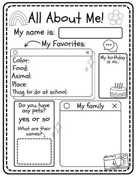 Pre K All About Me Activities Back To School, 1st Week Of School Crafts, First Day Grade 1 Activities, About Me First Day Of School Activity, My Favorites Worksheet Free Printables, First Week Of School Art Preschool, All About Me First Day Of School, All About Me First Grade, All About Me Crafts For Toddlers