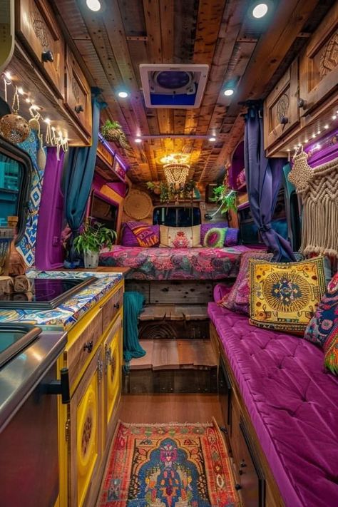 Funky Trailer Interiors, Bohemian Skoolie, 70s Custom Van Interior, Romani Wagon Interior, Schoolies Bus Conversion, Hippie Van Interior, Hippie Camper, Narrowboat Interiors, Mercedes Sprinter Van