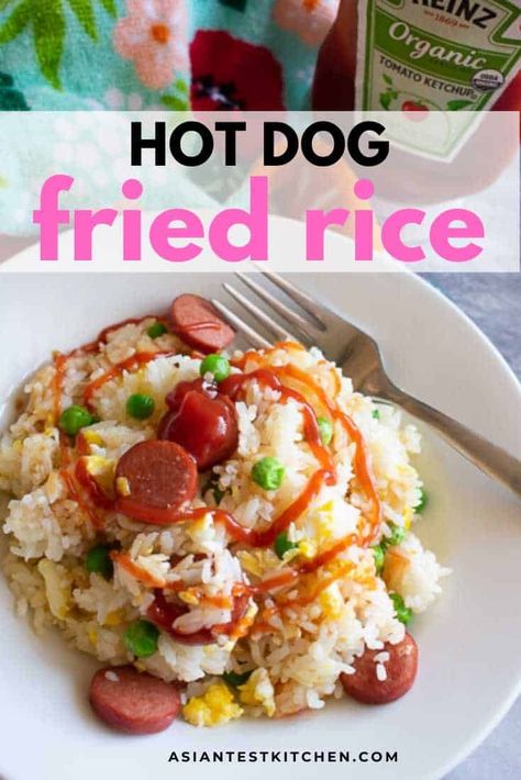 Hot dog recipes are plentiful but fried rice is the way to go. Get this easy recipe with egg and just 6 ingredients total. It is a one pan Chinese meal, and the best use of hot dogs. Winner, winner, hot dog dinner! #hotdogs #friedrice #chinesefood #onepan #weeknightmeals Hot Dog Stir Fry, Hot Dog Rice, Rice And Hot Dogs Recipe, Hot Dog Fried Rice, Turkey Hot Dog Recipes, Hot Dog Meal Ideas, Easy Hot Dog Recipes, Taco Stromboli, Hot Dogs And Rice