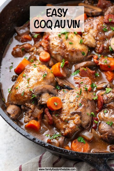 Easy Coq au Vin is a braised chicken and mushroom dish in a red wine sauce that’s elegant and incredibly delicious, as well as really quick and easy to make at home. Chicken Dutch Oven, Purewow Recipes, Chicken In Wine Sauce, Coq Au Vin Recipe, Mushroom Dish, Classic French Dishes, One Pot Dinners, Quick And Easy Appetizers, One Pot Dinner