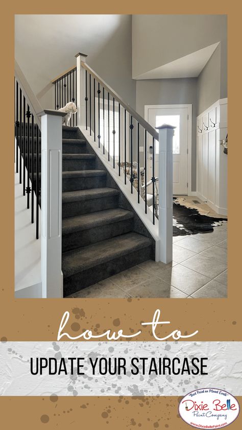 How To Update Your Staircase - Dixie Belle Paint Company Update Bannister, Painting Oak Stair Railing, Painting A Banister, Update Stair Railing Wood, Updating Oak Stair Railing, Update Oak Stair Railing, Update Staircase Railing, Staining Staircase, Gel Stain Stairs