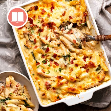 Creamy Tuscan Chicken Pasta Bake Easy Chicken Pasta Bake, Creamy Chicken Pasta Bake, Baked Chicken Pasta Recipes, Panini Recipes Chicken, Tuscan Pasta, Creamy Tuscan Chicken, Pork Casserole, Tuscan Chicken Pasta, Creamy Chicken Pasta