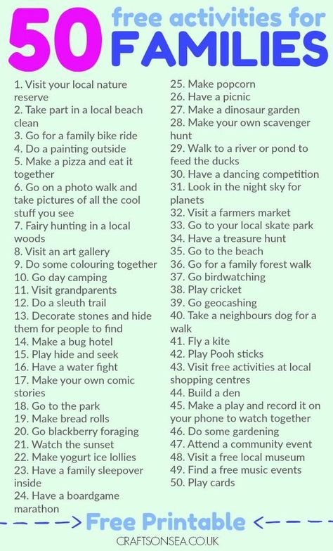 Save money and have fun with this list of 50 free activities for families as recommended by parents. Includes a printable list too! Things To Do With Family, Uppfostra Barn, Free Family Activities, Family Bonding Activities, Family Fun Night, Bonding Activities, Smart Parenting, Stuck At Home, Things To Do When Bored