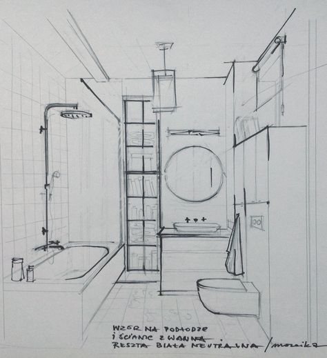 sketch of the bathroom Bathroom Sketch, Croquis Architecture, Interior Architecture Sketch, Interior Design Sketchbook, Perspective Sketch, Furniture Design Sketches, Perspective Drawing Architecture, Interior Design Renderings, Drawing Interior