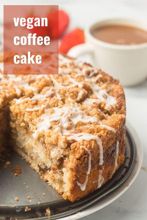 This delicious vegan coffee cake is made with a tender vanilla base, swirled with cinnamon and brown sugar, and topped with a decadent streusel topping. The perfect dessert or indulgent breakfast for enjoying with a big cup of coffee! #veganrecipes #veganbaking #vegandessert #vegancake Cake Recipes Apple, Warm Cinnamon Apples, Vegan Coffee Cake, Pumpkin Coffee Cake Recipes, Breakfast Cake Recipes, Apple Crumb Cakes, Crumb Cake Recipe, Vegan Coffee, Apple Crumb