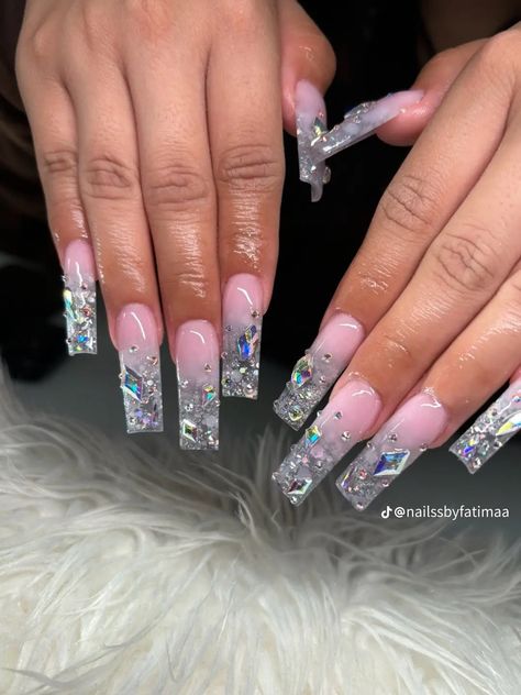 Bling Ombre Acrylic Nails, Pink Silver Prom Nails, Ombre Stones Nails, Blinged Out Silver Nails, Bling Ombre Nails, Glitter Ombre Nails With Rhinestones, Diamond Ombre Nails, Clear Junk Nails, Birthday Nail Freestyle