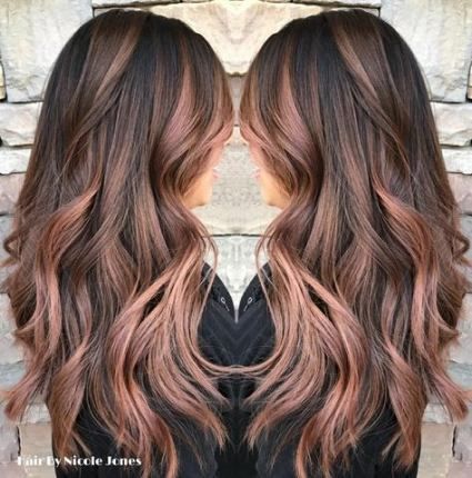 Highlights Rose Gold, Balayage Hair Rose, Rose Gold Hair Brunette, Gold Balayage, Rose Gold Balayage, Haircut Salon, Honey Blond, Gold Hair Colors, Hair Color Rose Gold