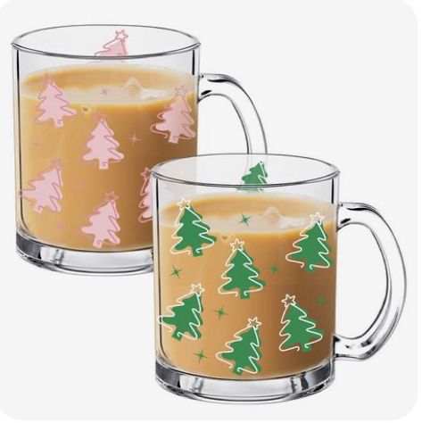 Christmas Glass Cups, Christmas Iced Coffee, Iced Coffee Cups, Holiday Mugs, Cup Crafts, With Christmas Tree, Clear Glasses, Iced Coffee Cup, Christmas Tree Pattern