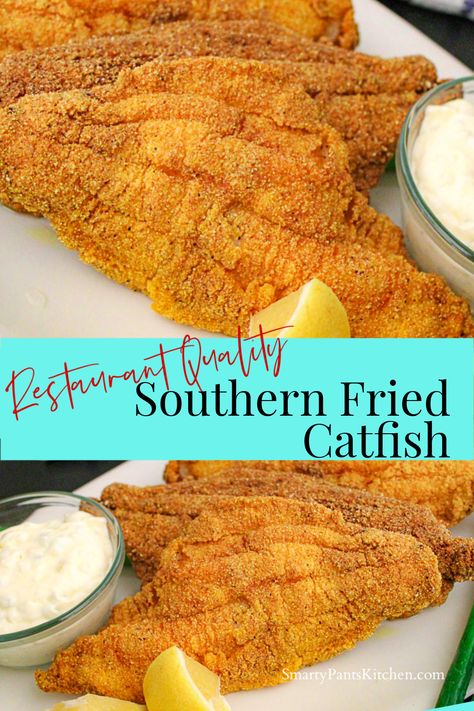 Catfish filets on white plate garnished with lemons Fried Catfish Recipe, Fried Catfish Recipes, Catfish Recipe, Southern Fried Catfish, Fish Batter Recipe, Seafood Dish Recipes, Catfish Recipes, Fish Dinner Recipes, Southern Recipes Soul Food