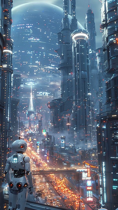 Futuristic City Gaze: A humanoid robot stands overlooking a bustling futuristic cityscape filled with glowing lights and towering skyscrapers. #futuristic #cityscape #robot #skyscrapers #illuminated #aiart #aiphoto #stockcake ⬇️ Download and 📝 Prompt 👉 https://ayr.app/l/F3Az Robot City, Futuristic Cityscape, Futuristic Robot, Flying Vehicles, Twilight Sky, Humanoid Robot, Cyberpunk City, Owl Pet, Futuristic City